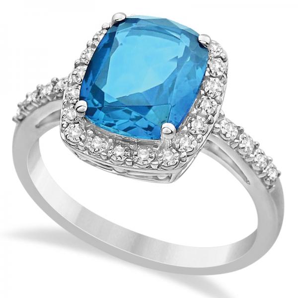 RE964 natural 10 x 8 mm cushion Swiss blue topaz and 28-diamond halo ring in 14K white gold, product main view