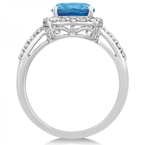 RE964 natural 10 x 8 mm cushion Swiss blue topaz and 28-diamond halo ring in 14K white gold, upright side construction view