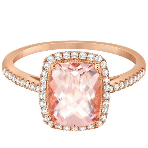 Cushion Cut Morganite and Diamond Halo Ring 14K Rose Gold 2.00ct