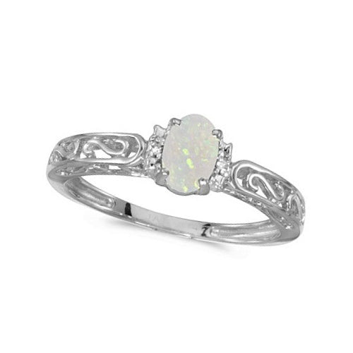 Oval Opal & Diamond Filigree Antique Style Ring 14k White Gold