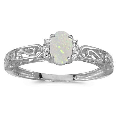 Oval Opal & Diamond Filigree Antique Style Ring 14k White Gold
