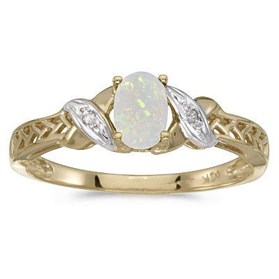 Opal & Diamond Antique Style Ring in 14K Yellow Gold (0.55ct)