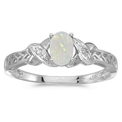 Opal & Diamond Antique Style Ring in 14K White Gold (0.55ct)