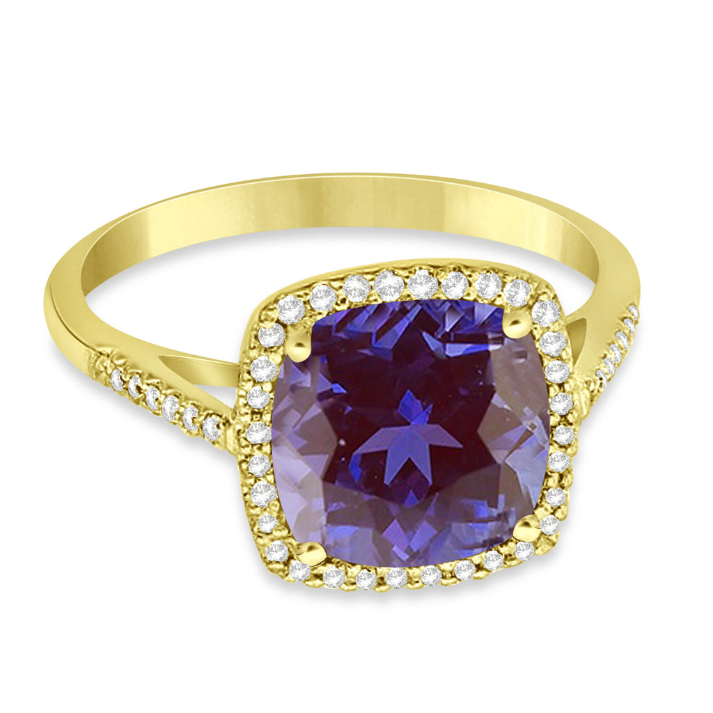 Cushion-Cut Lab Alexandrite & Diamond Cocktail Ring 14k Yellow Gold (3.70ct)