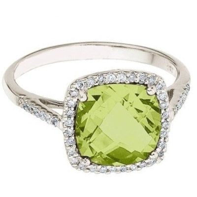 Cushion-Cut Peridot & Diamond Cocktail Ring 14k White Gold (3.70ct)
