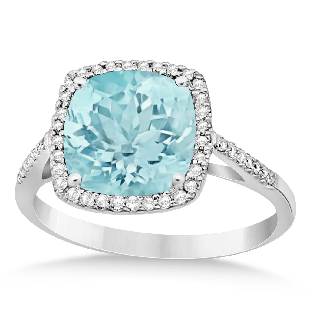 Cushion-Cut Aquamarine & Diamond Cocktail Ring 14k White Gold (3.70ctw)