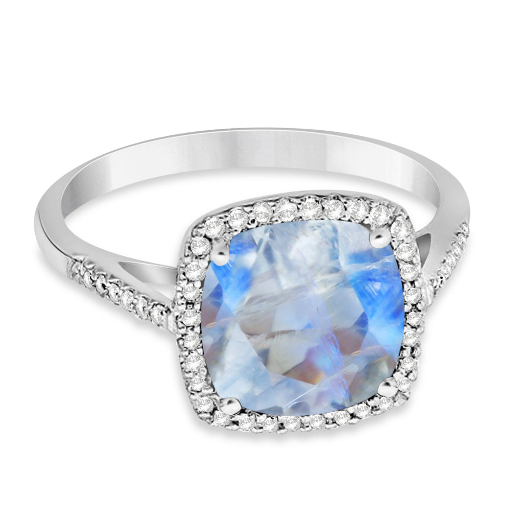 Cushion-Cut Moonstone & Diamond Cocktail Ring 14k White Gold (3.70ctw)
