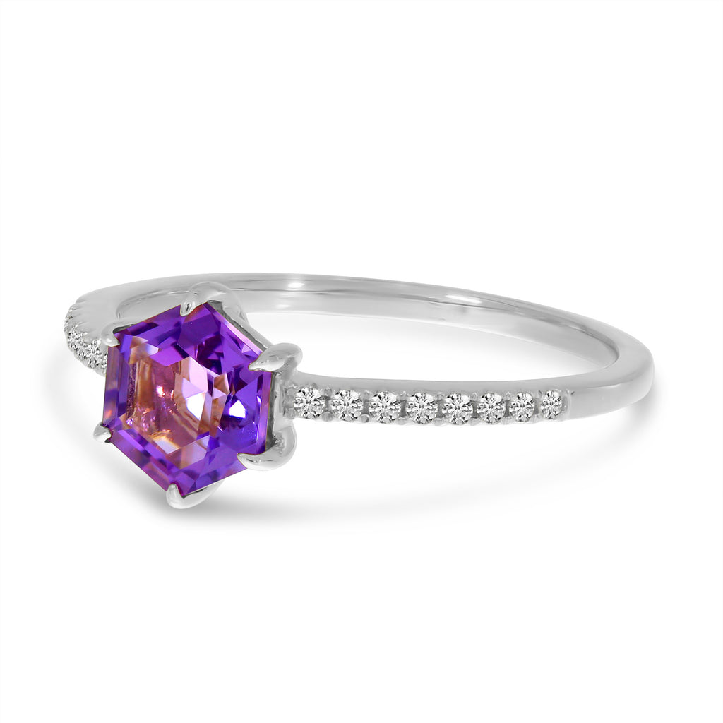 Hexagon Amethyst & Diamond Band Ring 14K White Gold (1.33ct)