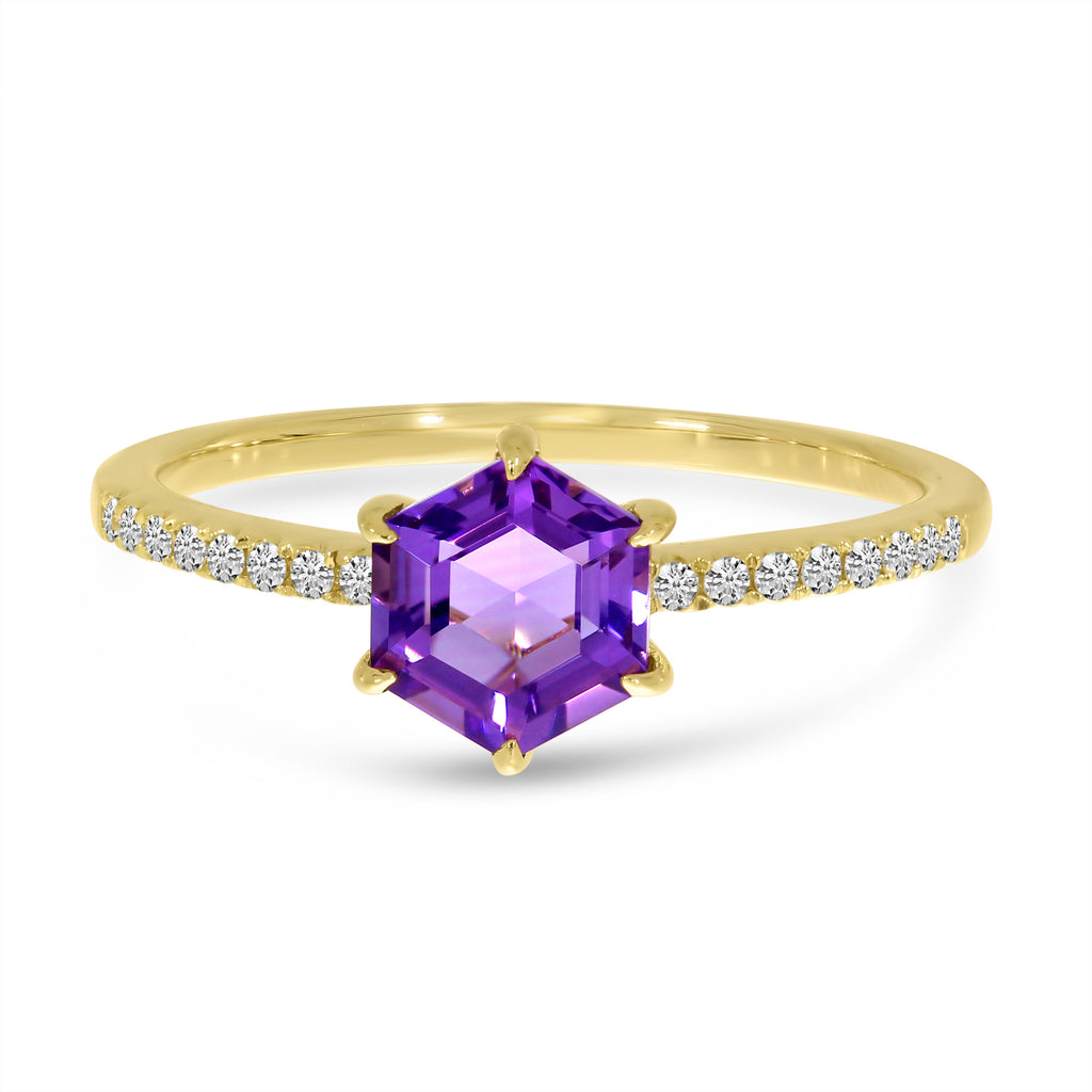 Hexagon Amethyst & Diamond Band Ring 14K Yellow Gold (1.33ct)