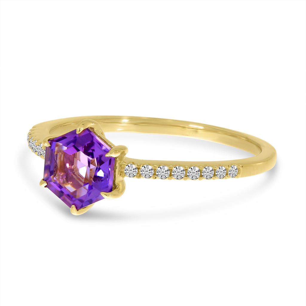 Hexagon Amethyst & Diamond Band Ring 14K Yellow Gold (1.33ct)