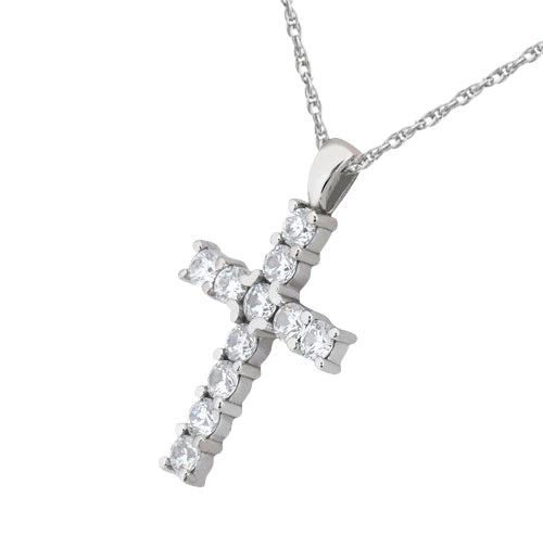 Prong-Set Diamond Cross Pendant Necklace 14k White Gold (0.55ct)