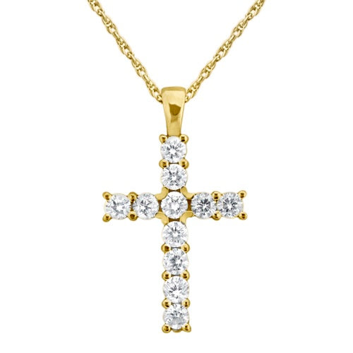 Prong-Set Diamond Cross Pendant Necklace 14k Yellow Gold (0.55ct)