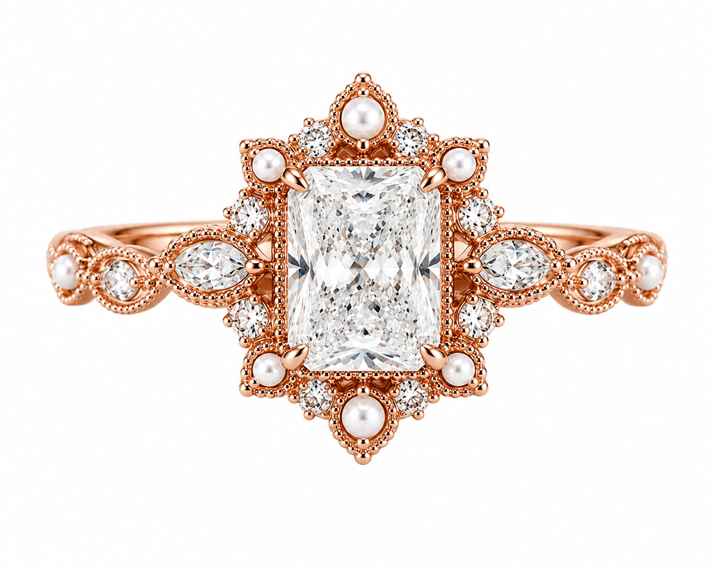 Radiant Cut Lab Diamond With Accented Pearl 14K Rose Gold 1.00ct