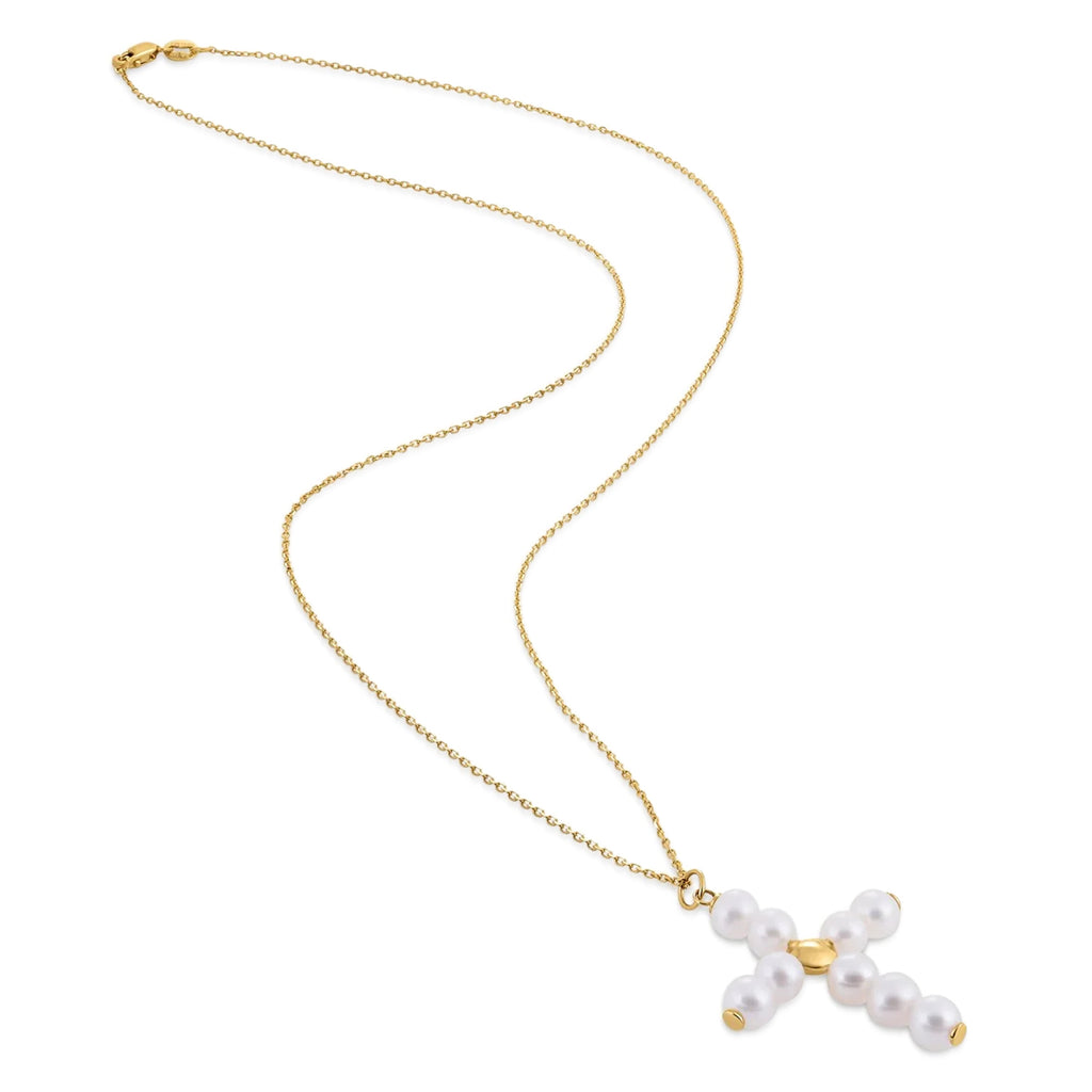 Freshwater Pearl Cross Pendant Necklace 14K Yellow Gold
