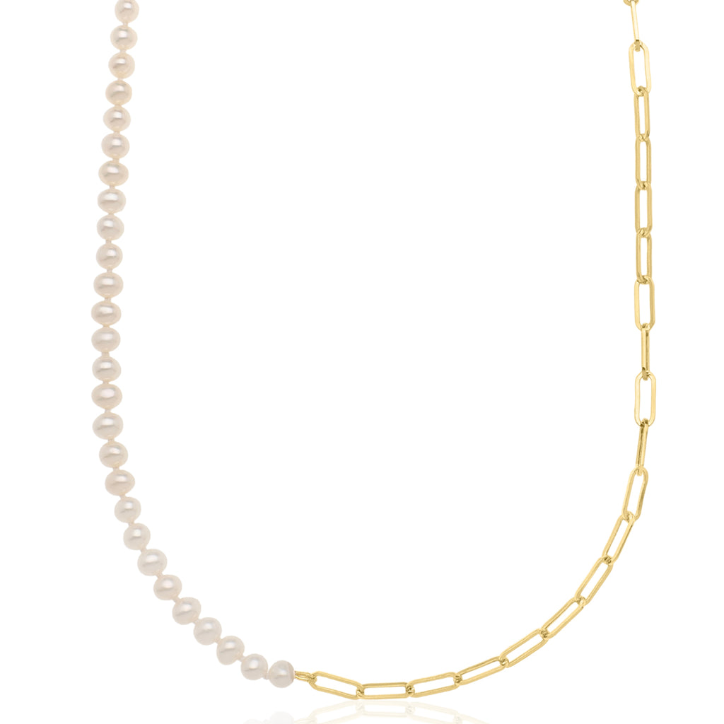 Freshwater Pearl & Paperclip Link Necklace 14K Yellow Gold (5mm)