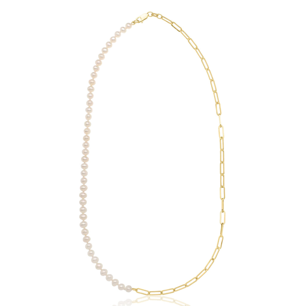 Freshwater Pearl & Paperclip Link Necklace 14K Yellow Gold (5mm)