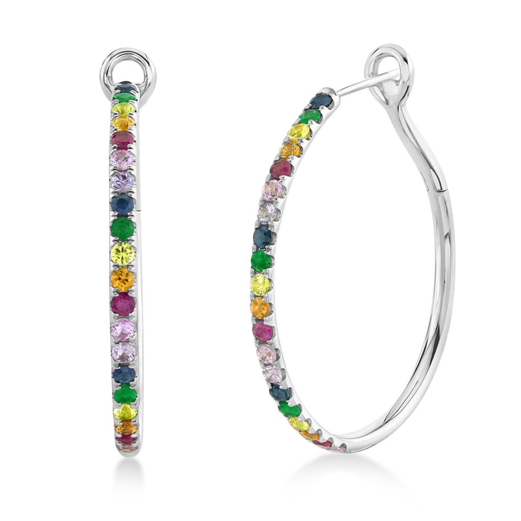 Multi-Color Sapphire Pave Hoop Earrings 14k White Gold (1.9ct)