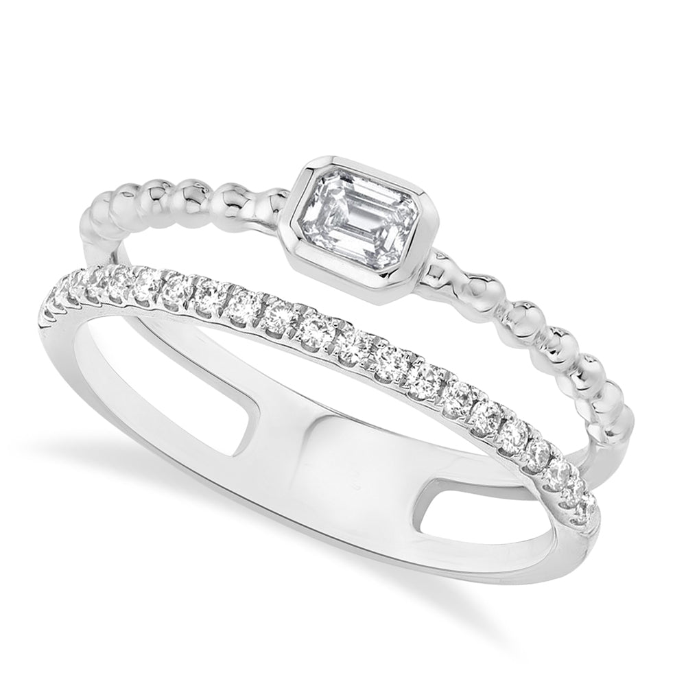 Diamond Emerald Cut Beaded Ring 14k White Gold (0.35ct)