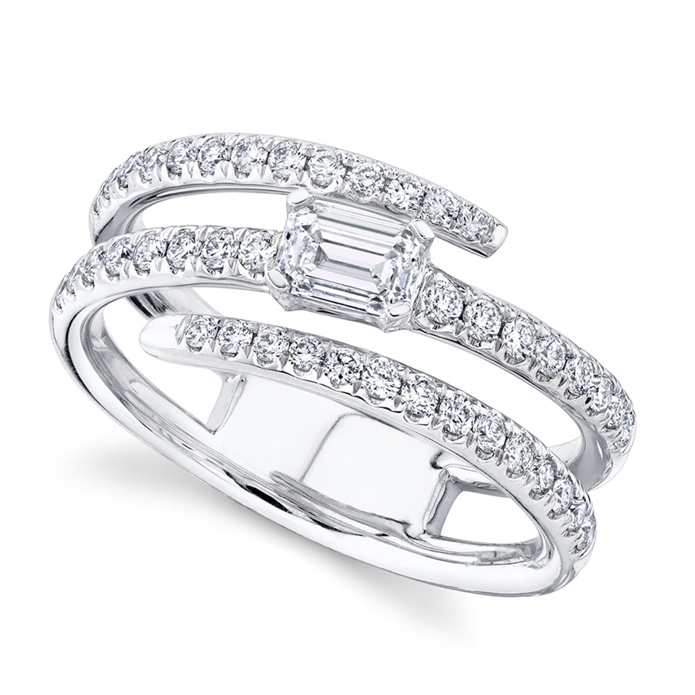 Diamond Emerald Cut Wrap Around Statement Ring 14k White Gold (0.88ct)