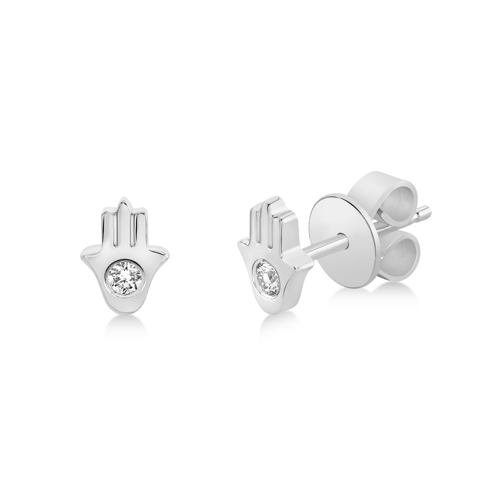 Diamond Bezel Hamsa Stud Earrings 14k White Gold (0.06ct)