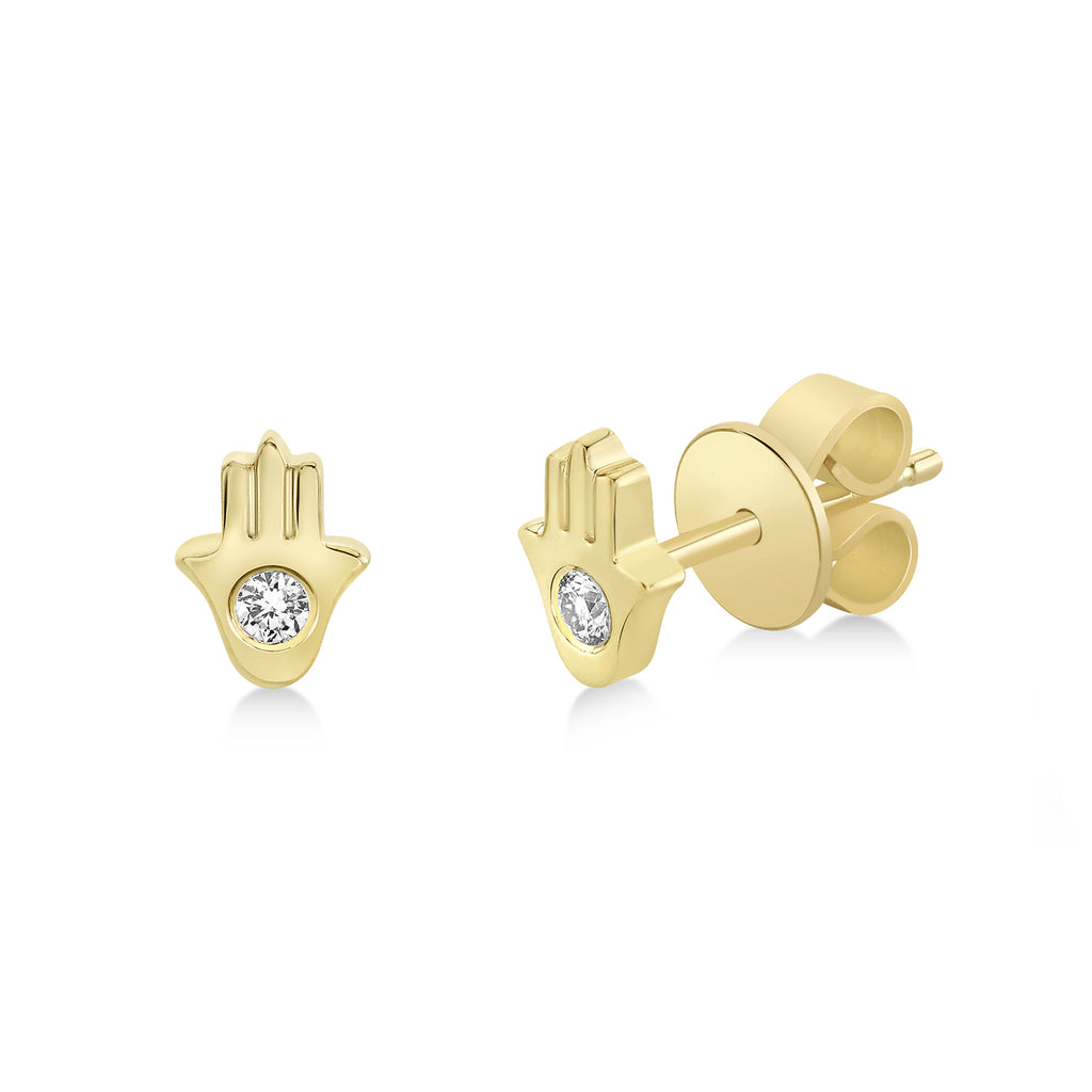 Diamond Bezel Hamsa Stud Earrings 14k Yellow Gold (0.06ct)