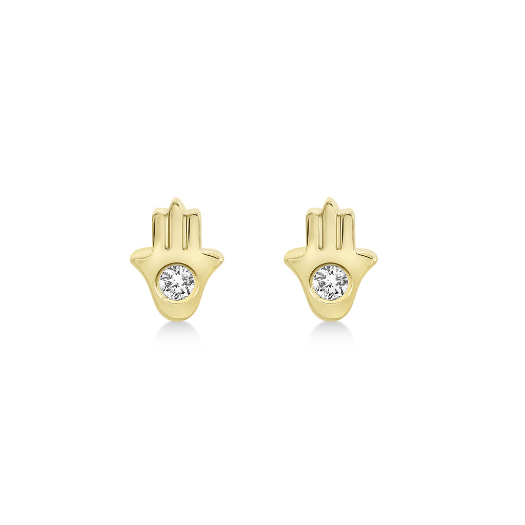 Diamond Bezel Hamsa Stud Earrings 14k Yellow Gold (0.06ct)