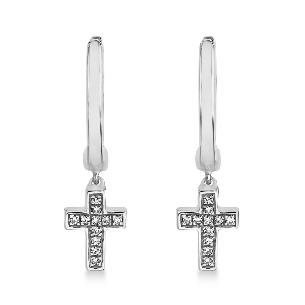 Diamond Accented Cross Drop Huggie Earrings 14k White Gold (0.04ct)