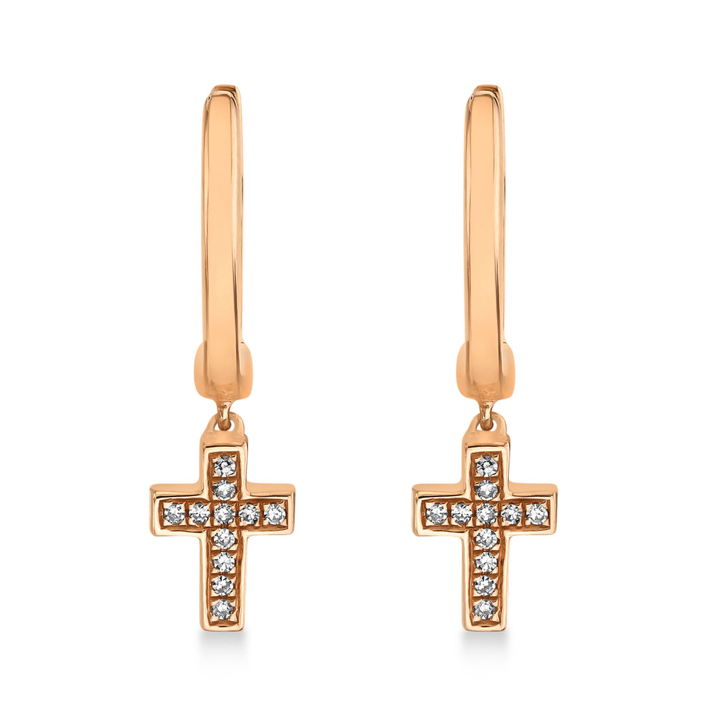 Diamond Accented Cross Drop Huggie Earrings 14k Rose Gold (0.04ct)