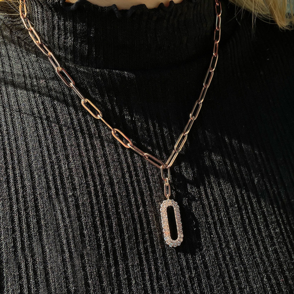 Diamond Paper Clip Drop Pendant Necklace 14k Rose Gold (0.92ct)