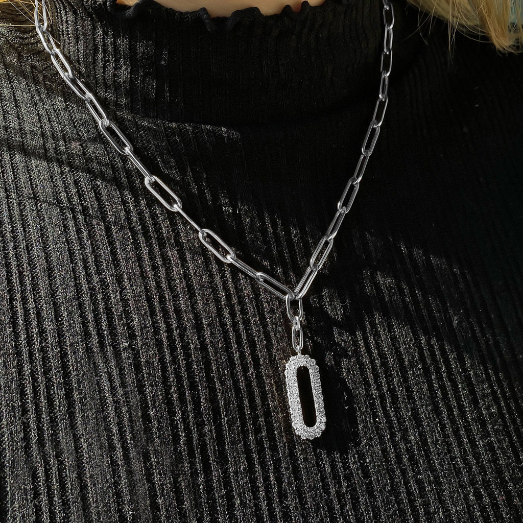 Diamond Paper Clip Drop Pendant Necklace 14k White Gold (0.92ct)