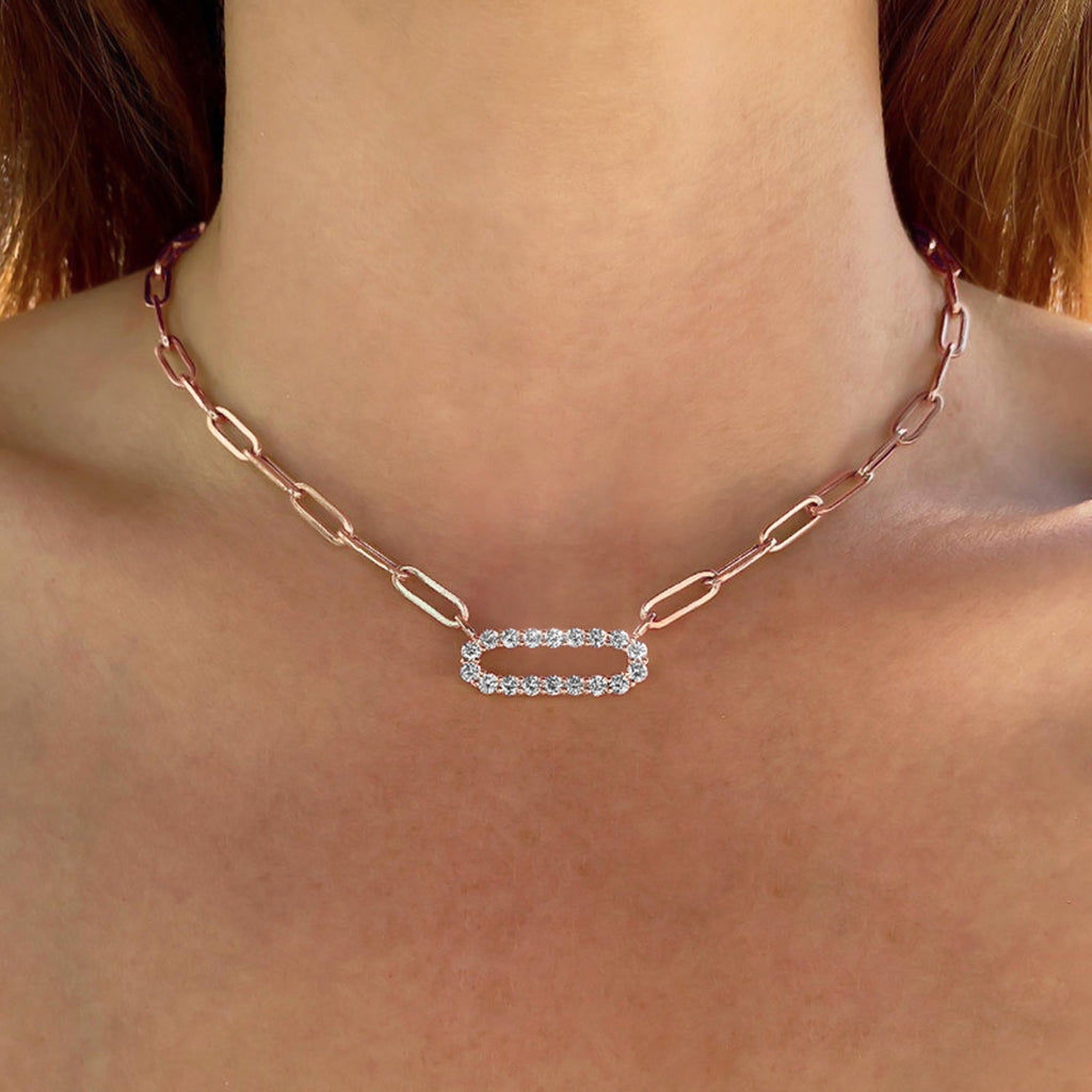 Diamond Paper Clip Link Necklace 14k Rose Gold (1.77ct)