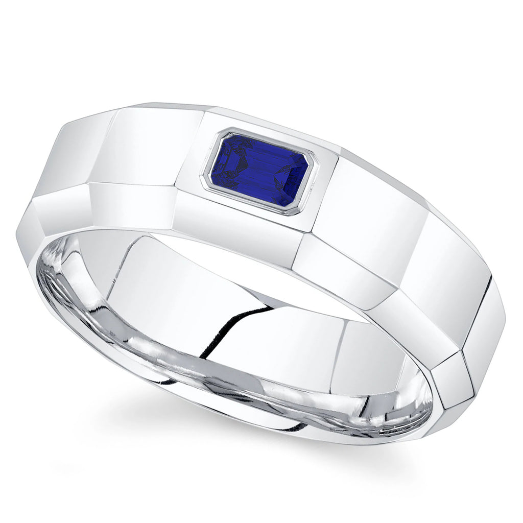 Lab Grown Blue Sapphire Mens Wedding Ring Band 14K White Gold (0.45ct)