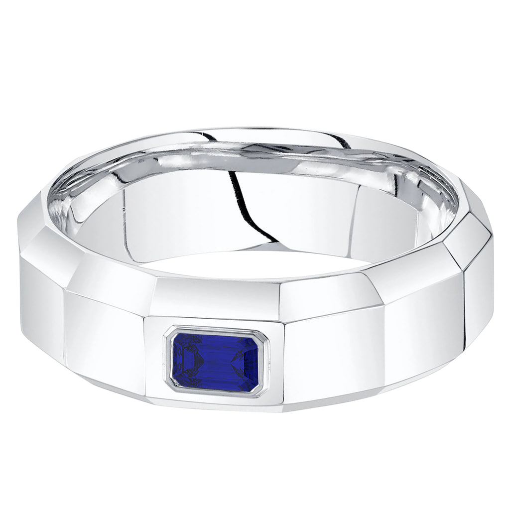 Lab Grown Blue Sapphire Mens Wedding Ring Band 14K White Gold (0.45ct)