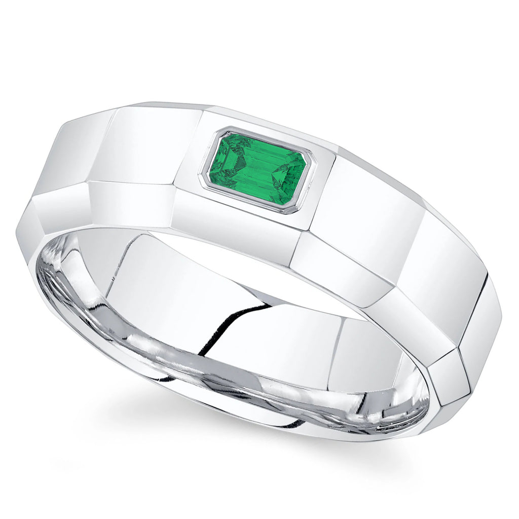 Lab Grown Emerald Mens Wedding Ring Band 14K White Gold (0.32ct)