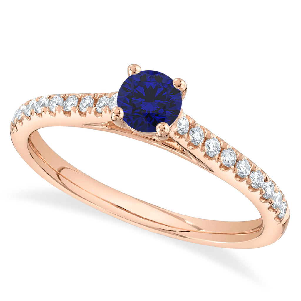 Round Blue Sapphire Solitaire & Diamond Engagement Ring 14K Rose Gold (0.79ct)