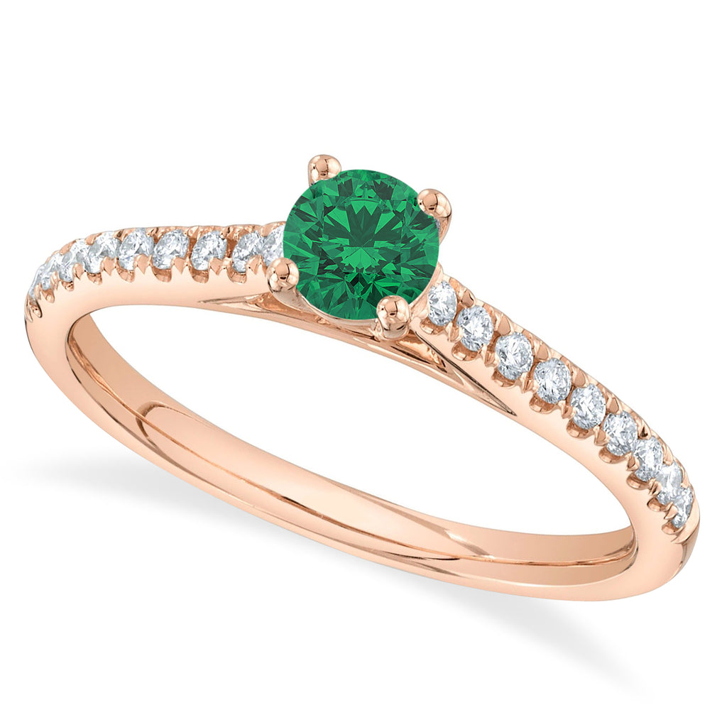 Round Emerald Solitaire & Diamond Engagement Ring 14K Rose Gold (0.66ct)