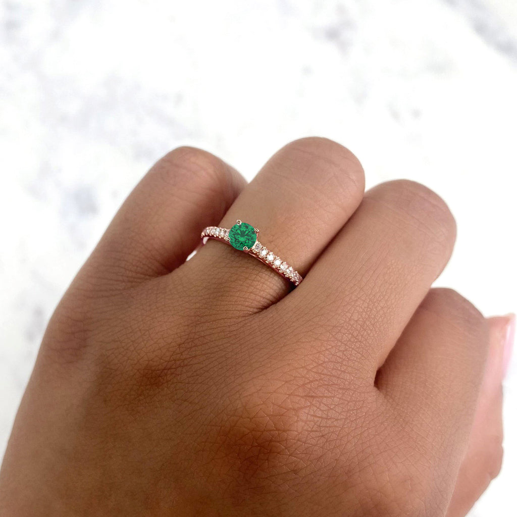 Round Emerald Solitaire & Diamond Engagement Ring 14K Rose Gold (0.66ct)