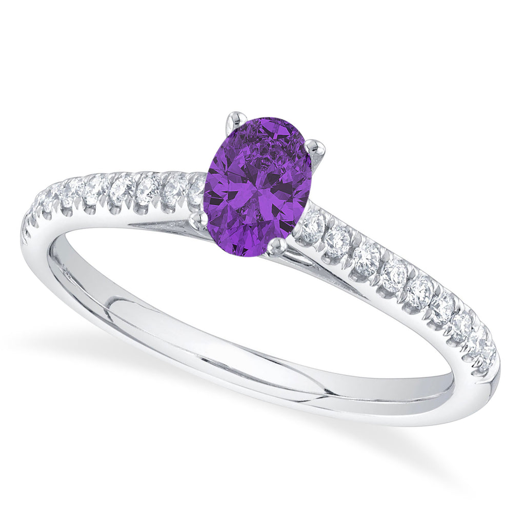 Oval Amethyst Solitaire & Diamond Engagement Ring 14K White Gold (0.54ct)