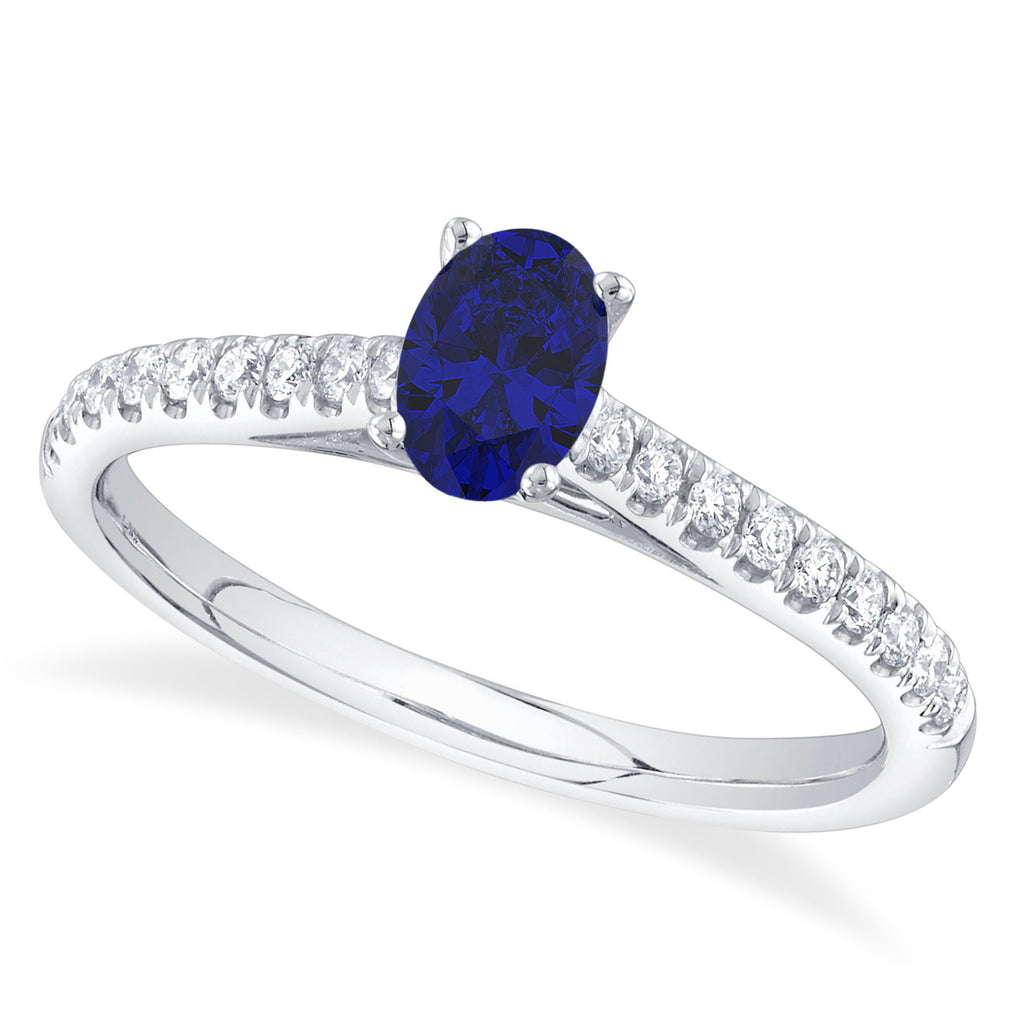Oval Blue Sapphire Solitaire & Diamond Engagement Ring 14K White Gold (0.67ct)