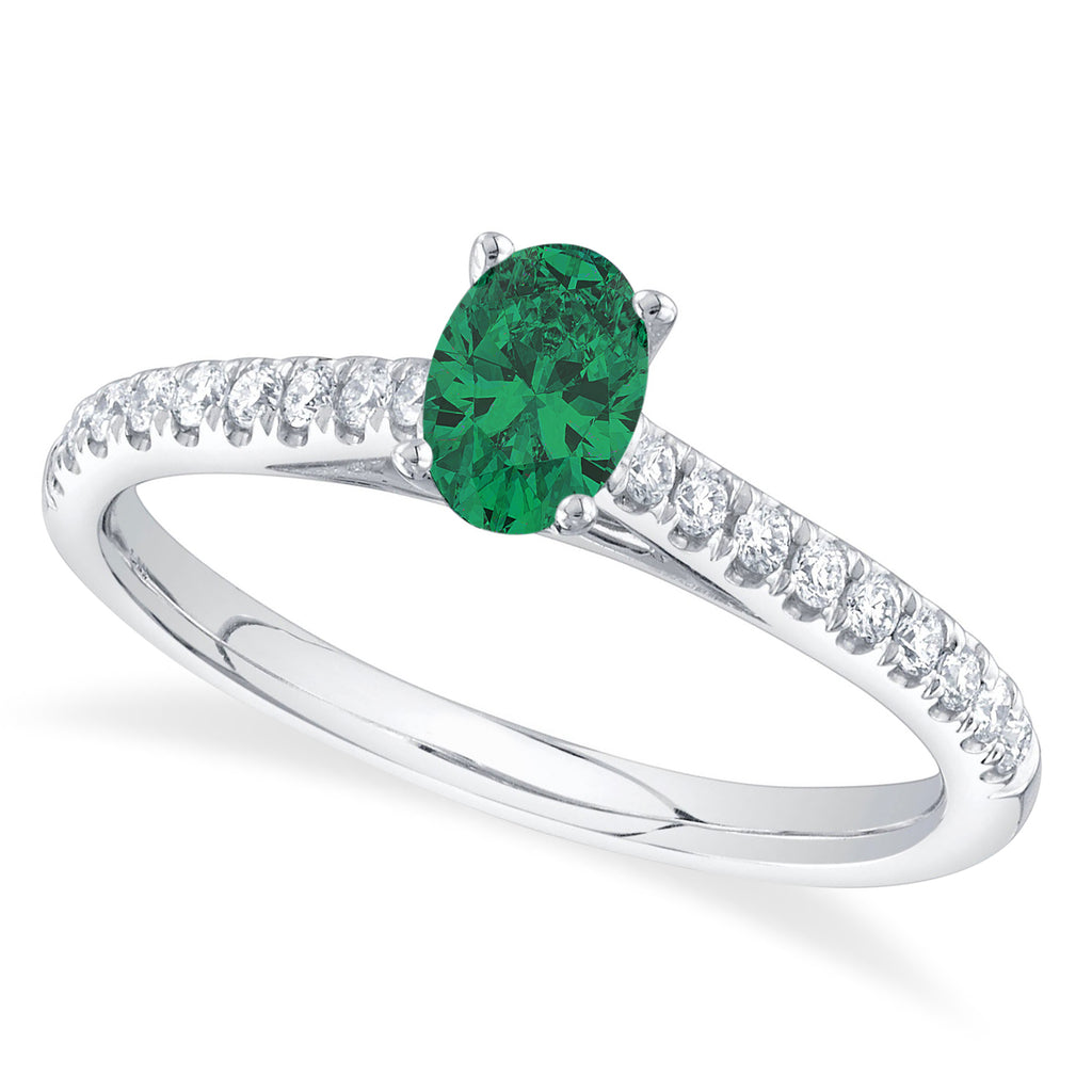 Oval Emerald Solitaire & Diamond Engagement Ring 14K White Gold (0.54ct)