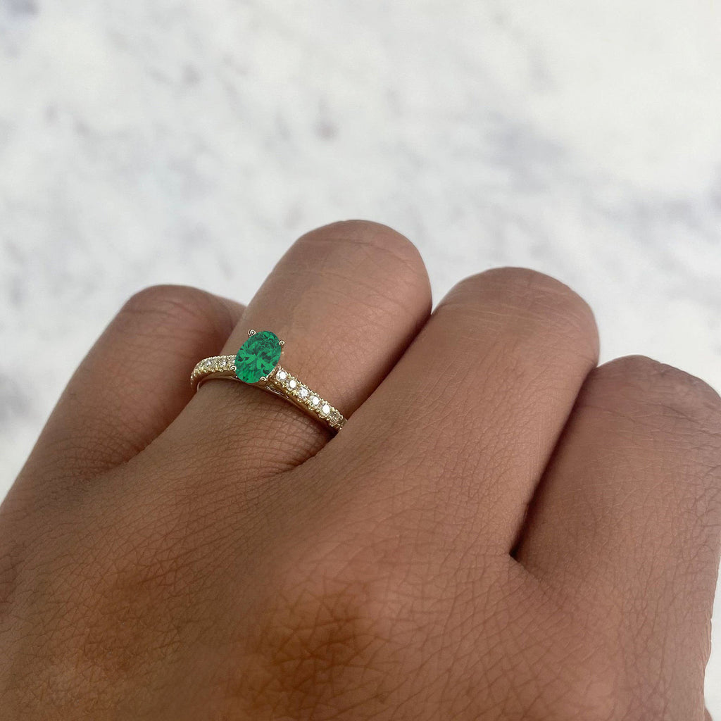 Oval Emerald Solitaire & Diamond Engagement Ring 14K Yellow Gold (0.54ct)