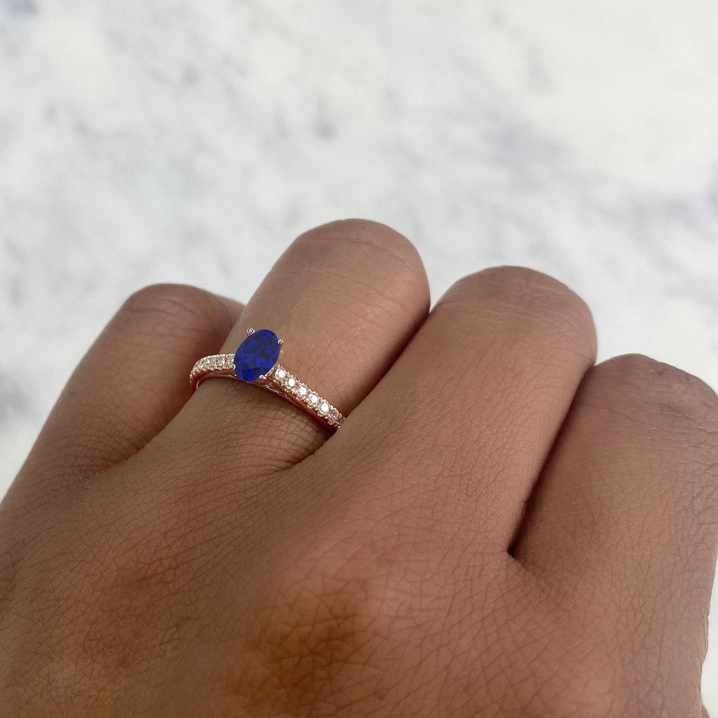Oval Blue Sapphire Solitaire & Diamond Engagement Ring 14K Rose Gold (0.67ct)