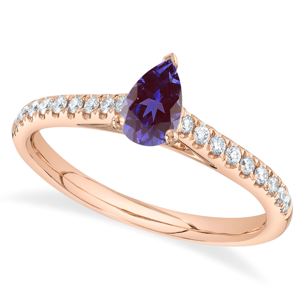 Pear Lab Alexandrite Solitaire& Diamond Engagement Ring 14K Rose Gold (0.69ct)
