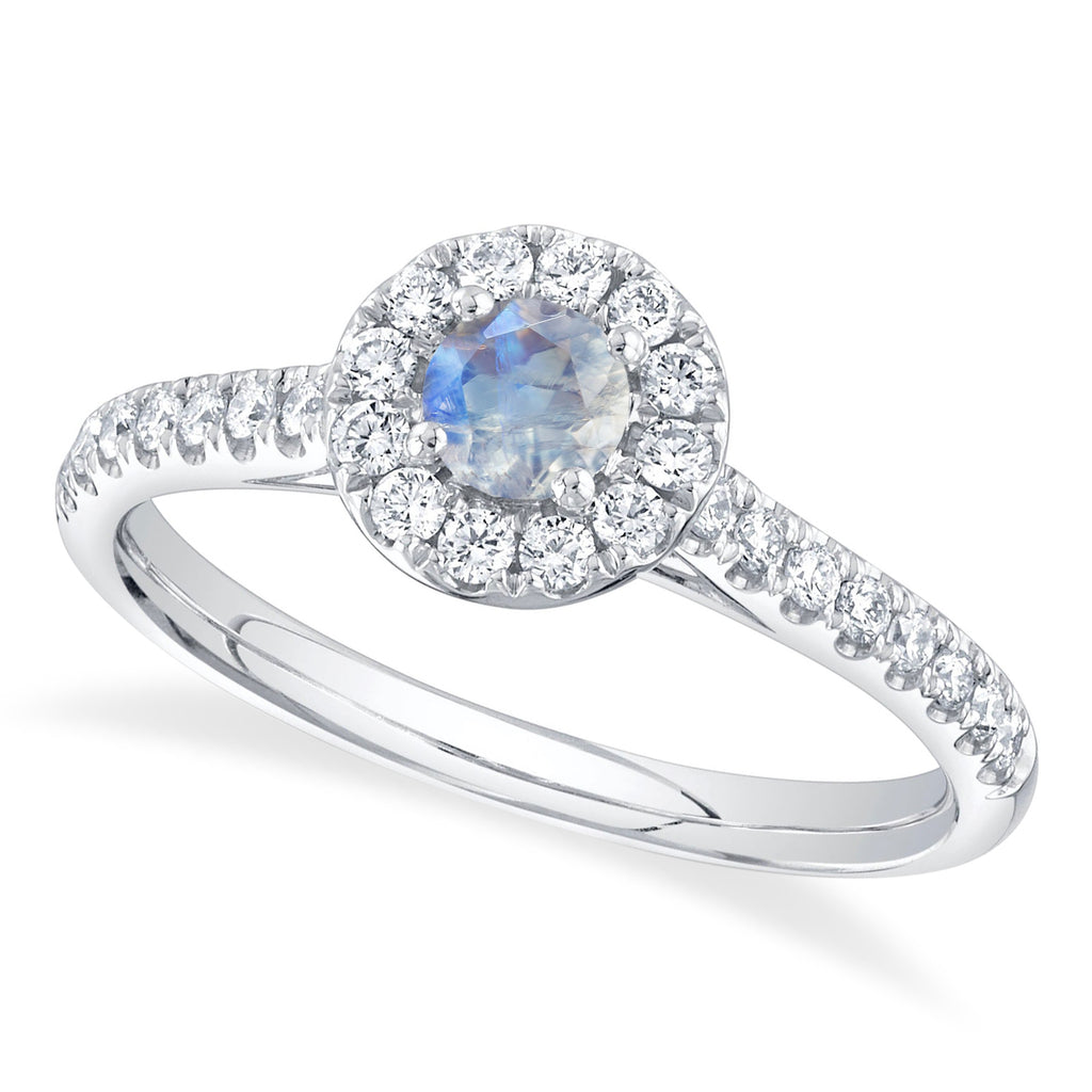 Round Moonstone & Diamond Engagement Ring 14K White Gold (0.62ct)