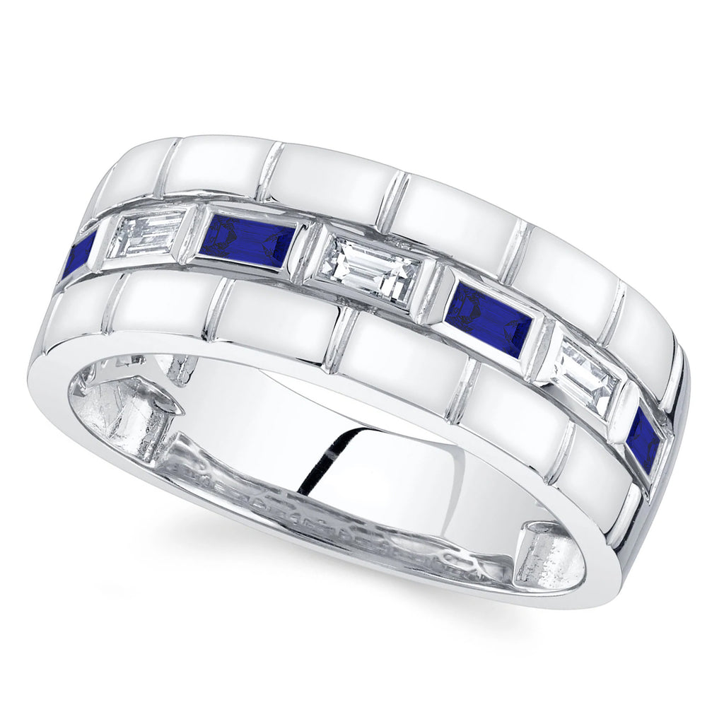 Baguette Lab Grown Sapphire & Diamond Mens Wedding Ring Band 14K White Gold (0.57ct)