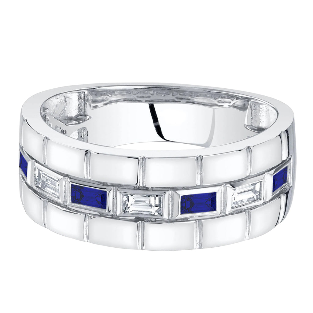 Baguette Lab Grown Sapphire & Diamond Mens Wedding Ring Band 14K White Gold (0.57ct)