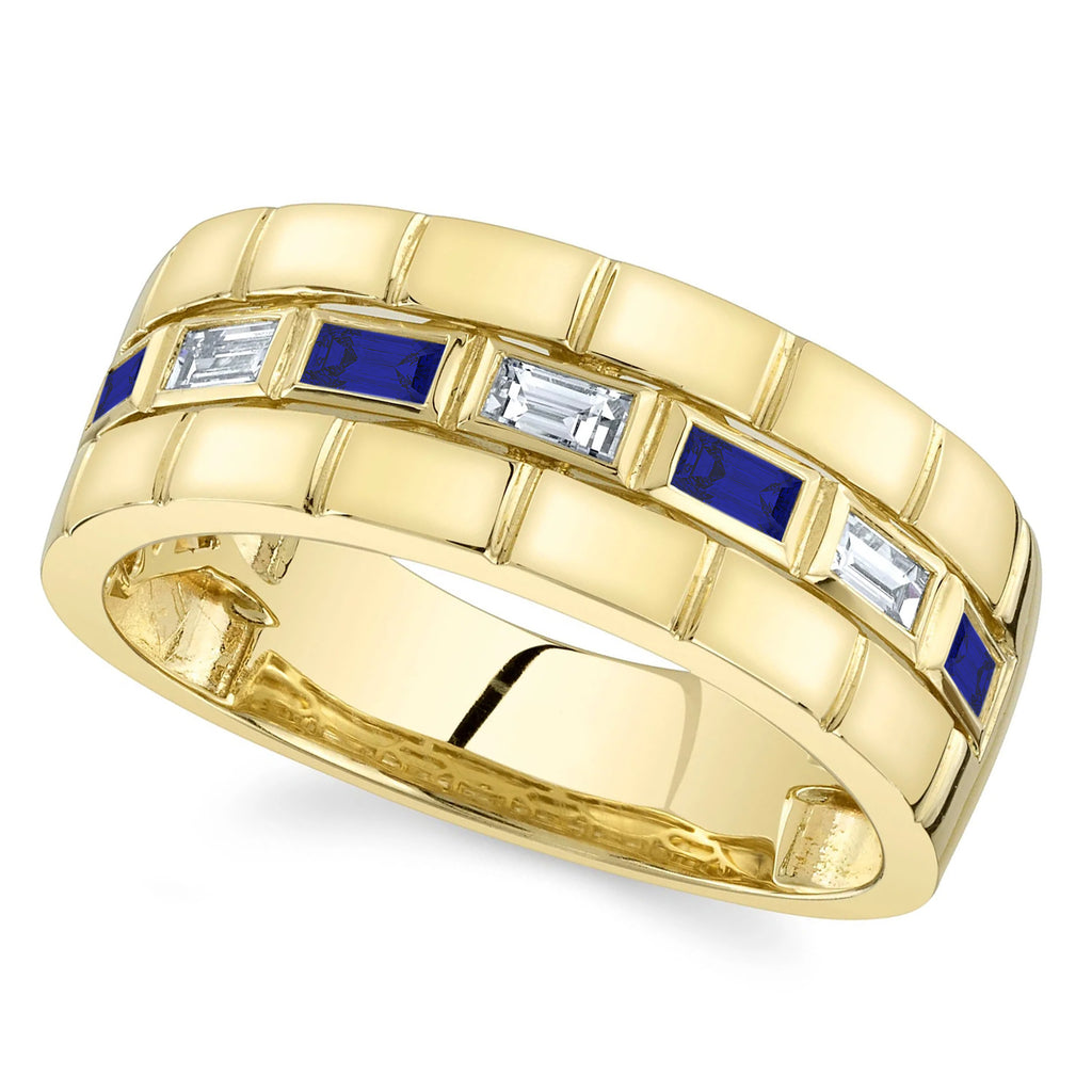 Baguette Lab Grown Sapphire & Diamond Mens Wedding Ring Band 14K Yellow Gold (0.57ct)