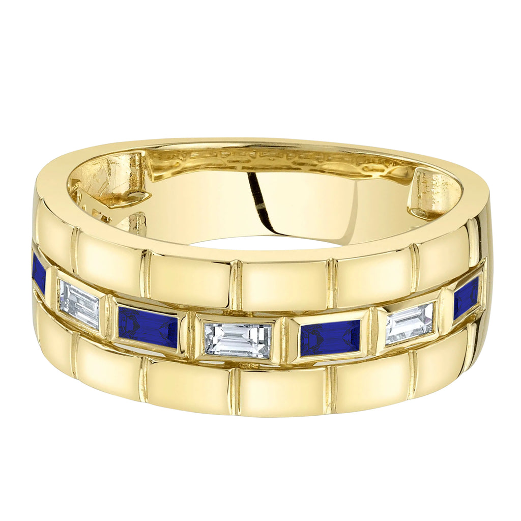 Baguette Lab Grown Sapphire & Diamond Mens Wedding Ring Band 14K Yellow Gold (0.57ct)