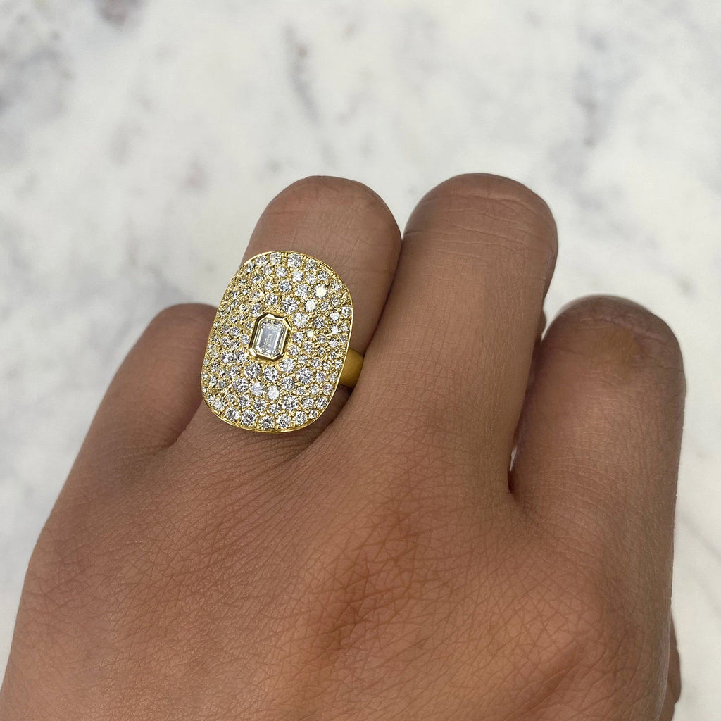 Emerald Diamond Halo Cigar Cocktail Ring 14K Yellow Gold (2.20ct)