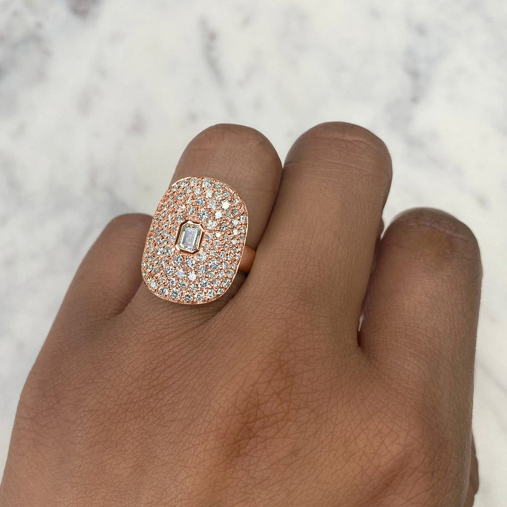 Emerald Diamond Halo Cigar Cocktail Ring 14K Rose Gold (2.20ct)